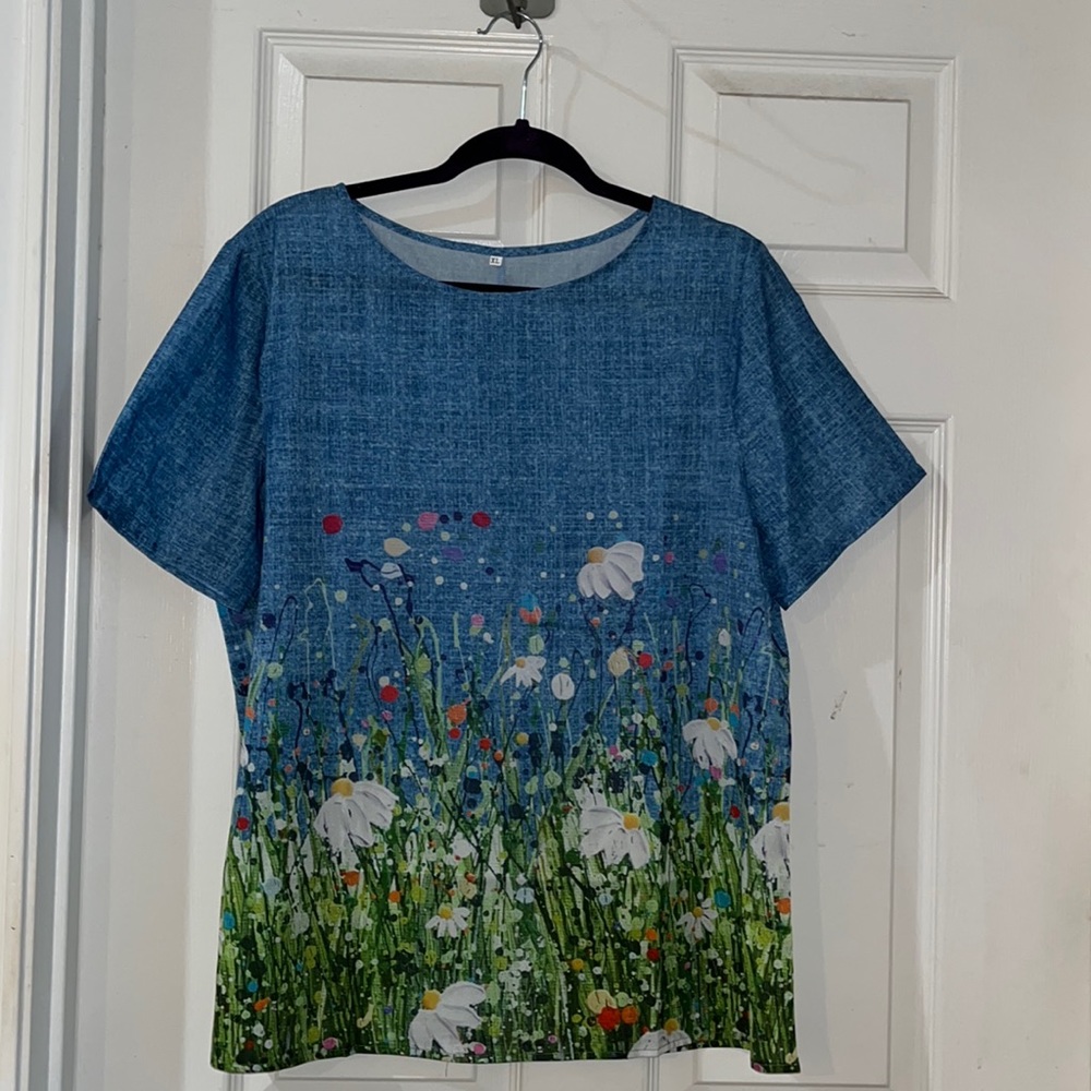 XL Blouse Blue with Multicolored flowers